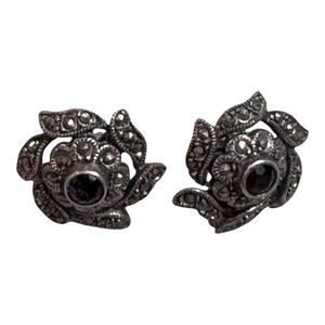 Vintage 925 Sterling Silver Rose Shaped Stud Earrings Marcasite & Onyx Art Deco